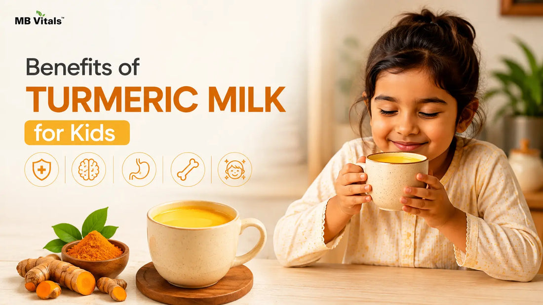 A smiling child enjoying a warm cup of turmeric milk, highlighting the benefits of turmeric milk for kids.