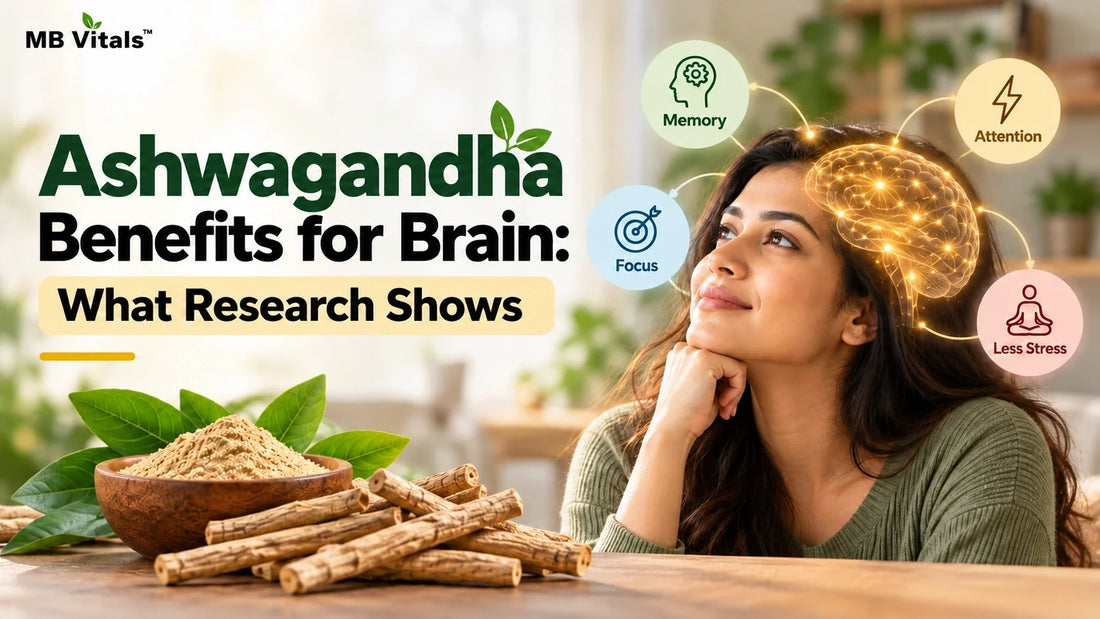feature image titled “Ashwagandha Benefits for Brain: What Research Shows,” illustrating potential benefits for memory, focus, attention, and stress management. The image features a woman with a glowing brain graphic, ashwagandha roots and powder,