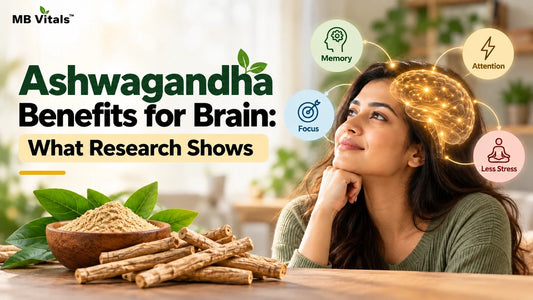 feature image titled “Ashwagandha Benefits for Brain: What Research Shows,” illustrating potential benefits for memory, focus, attention, and stress management. The image features a woman with a glowing brain graphic, ashwagandha roots and powder,